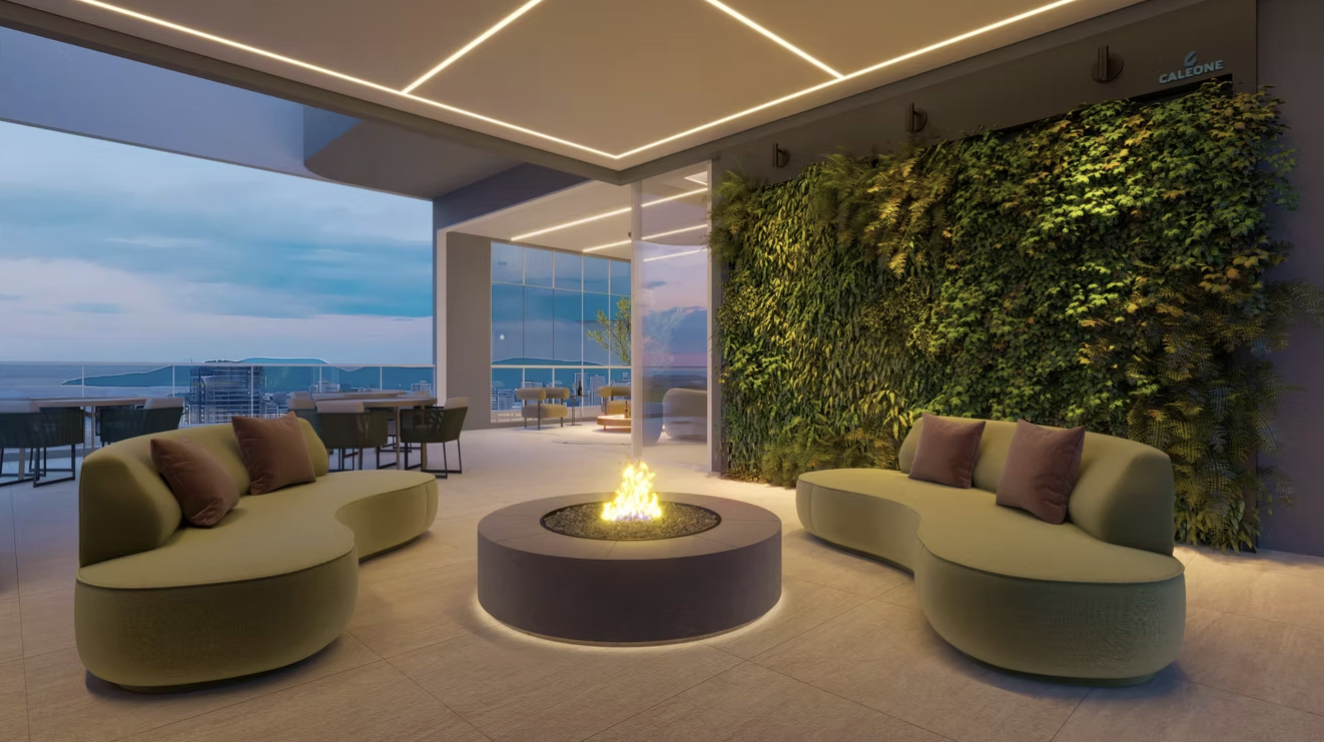 Lounge ao entardecer com vista mar