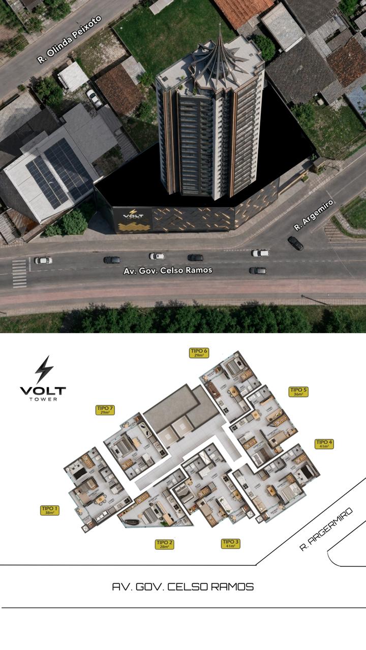 Implantação e plantas da Volt Tower