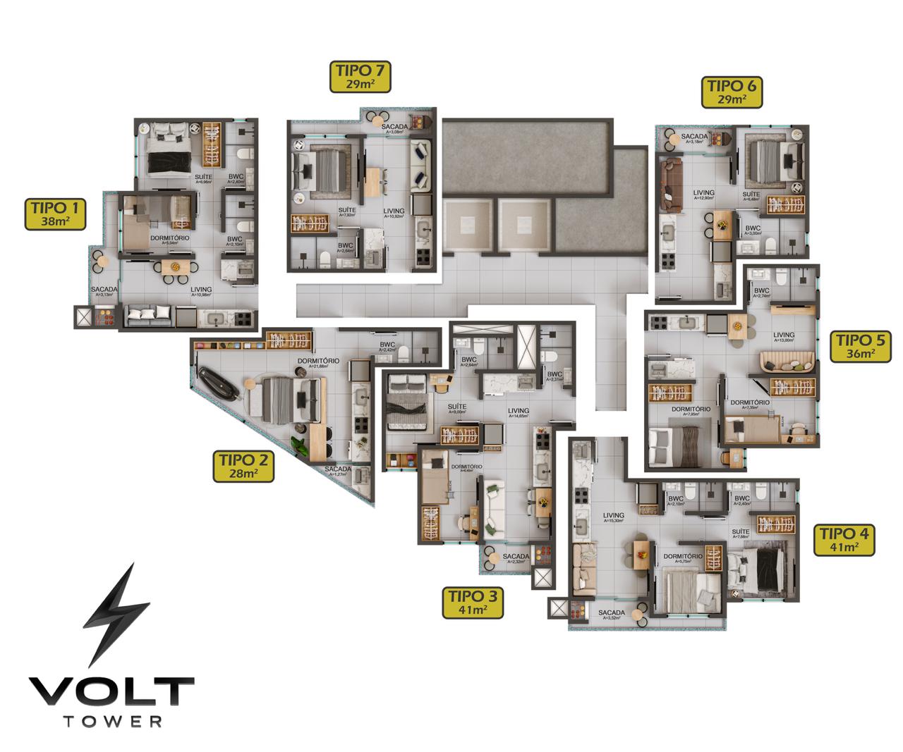 Plantas das tipologias da Volt Tower